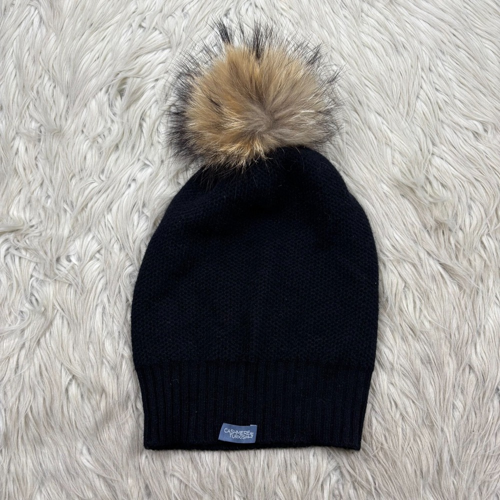 Cashmere by Turkish T Women's‎ OS Black Knit Slouchy Beanie Oversized Pom Pom